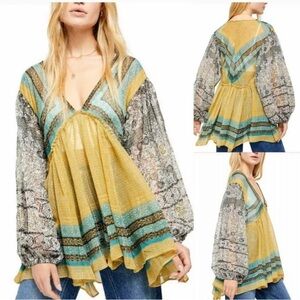 Free People Aliyah Printed Tunic Top Boho Metallic V-Neck Blouse XLarge